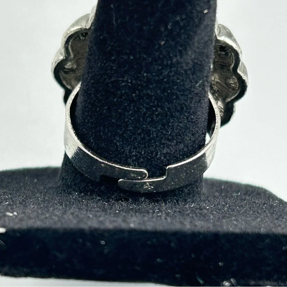 Blue Rhinestone Floral Cocktail Ring Adjustable Silver Tone